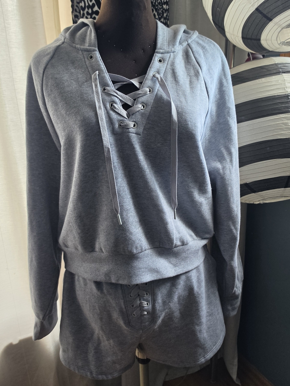 Victoria's Secret Gray Lace-Up Hoodie Shorts Set